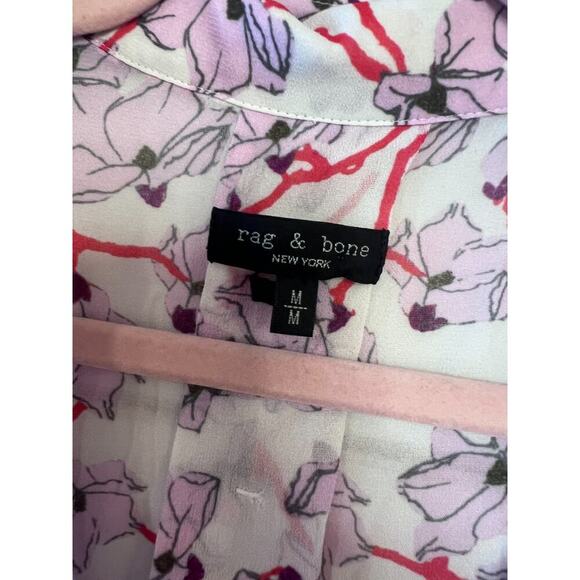 Rag & Bone Top Size MED Short Sleeve Blouse Pink Floral Print Collar - Picture 5 of 7